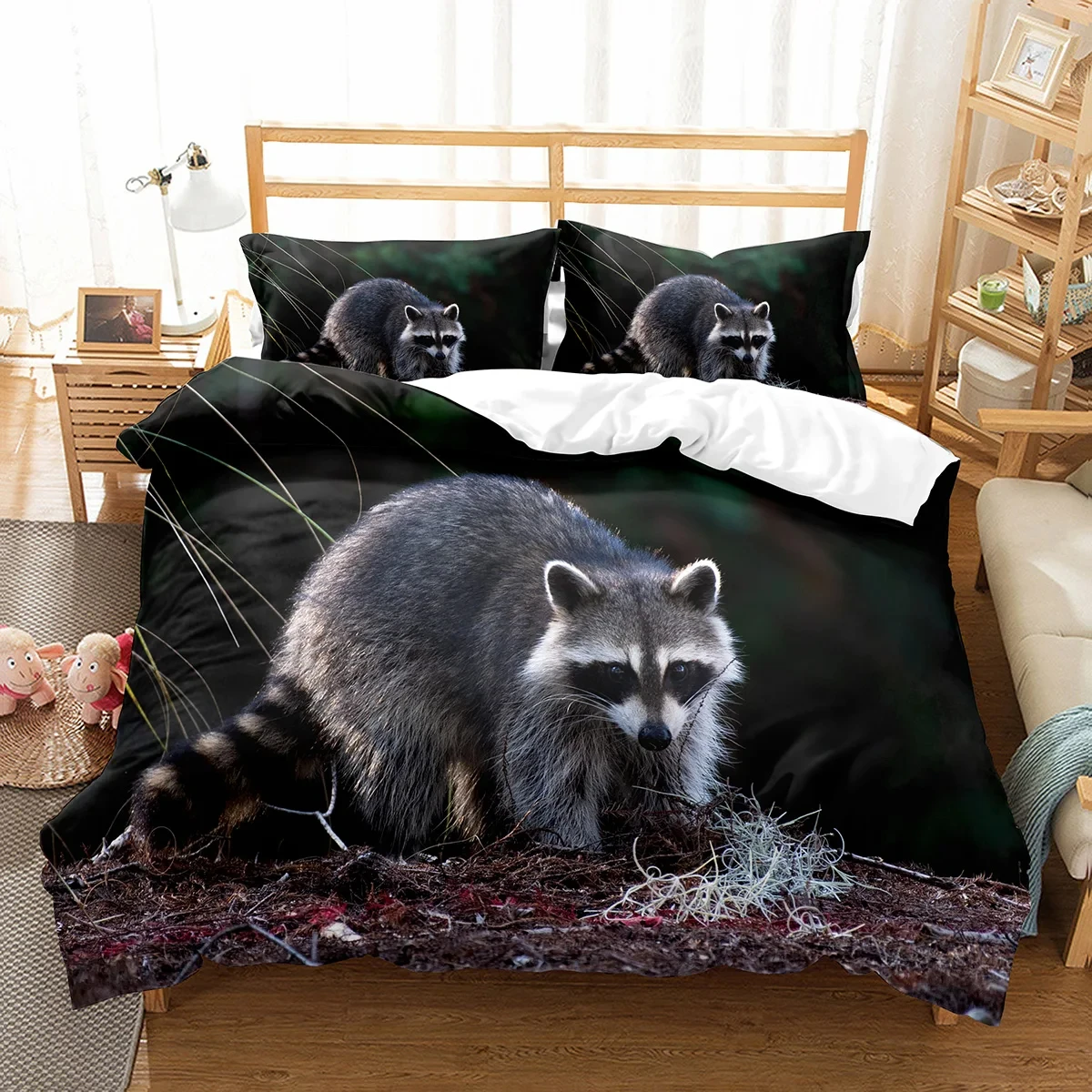 Cute Raccoon Duvet Cover Single King Size Kawaii Wild Animal Raccoon Bedding Set Lovely Cartoon Raccoon Print Comforter Cover