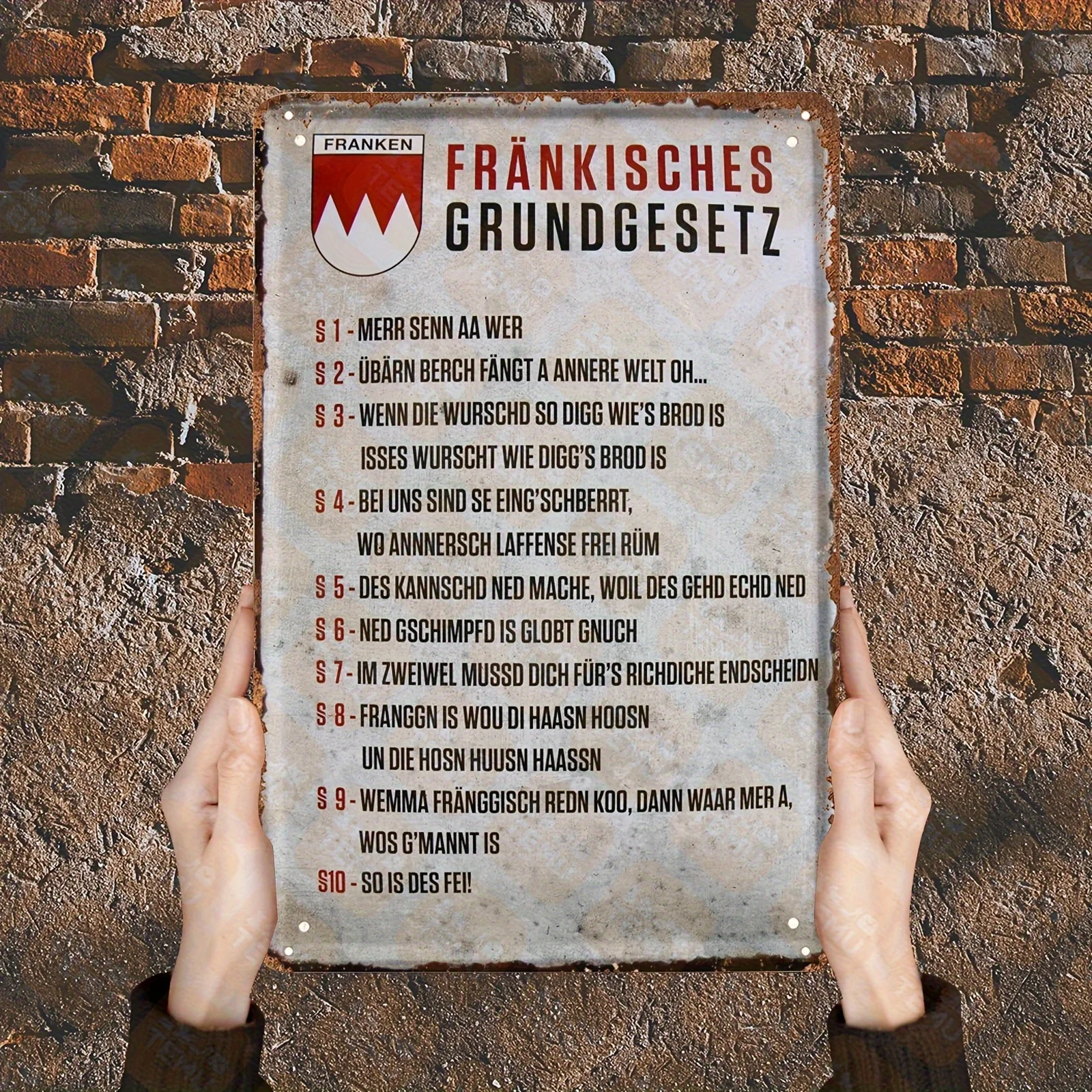 Vintage Franken Grundgesetz Metal Sign - Rustic Wall Art with Humorous German Quotes, Durable Decor for Bars, Restaurants,