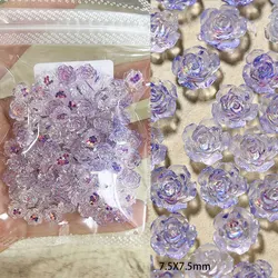 100pcs Light Purple Glitter Camellias Rose Flower Nail Art Charms 7.5/6mm Flatback Resin Nail Jewelry Cute Floral Nail Supplies