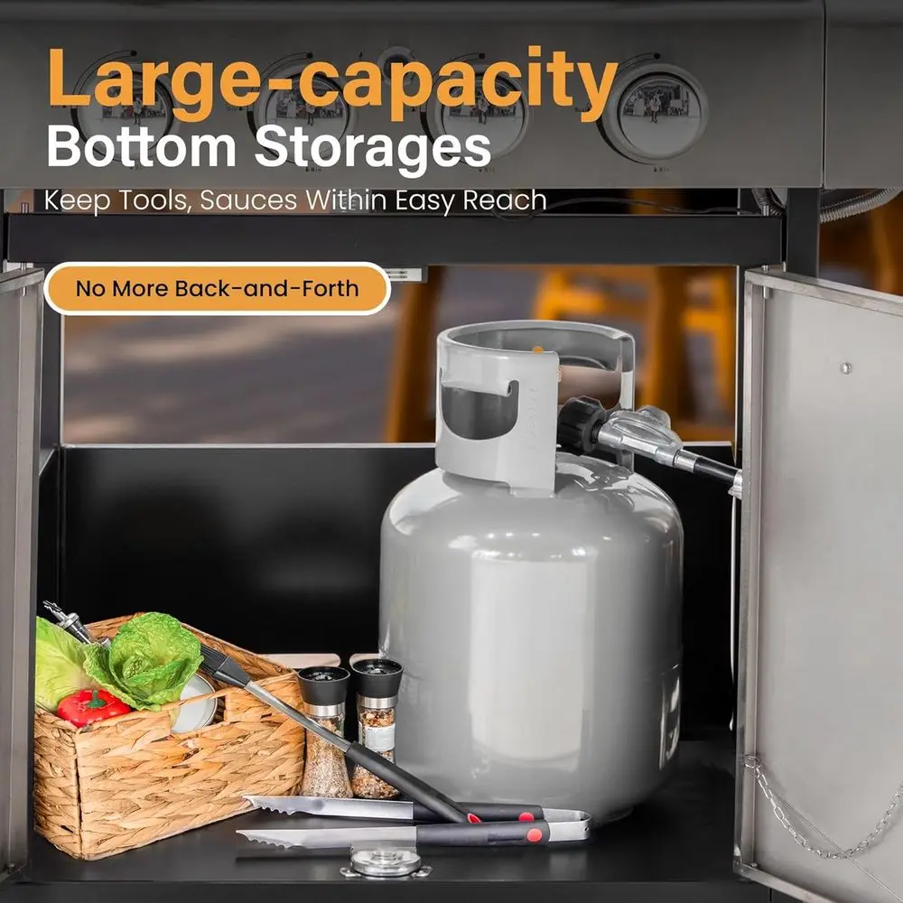 4-Burner Propane Gas Grill with Side Burner, Porcelain-Enameled Cast Iron Grates, Stainless Steel Outdoor Cooking Cabinet Style