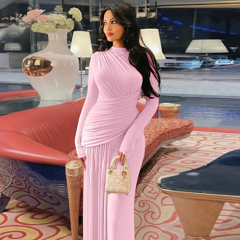 فستان نسائي فاخر مكشكش بأكمام طويلة أنيق برقبة دائرية متعرج مطوي فساتين ماكسي للسيدات سهرة جديدة لخريف وشتاء 2025 أرجواني وردي