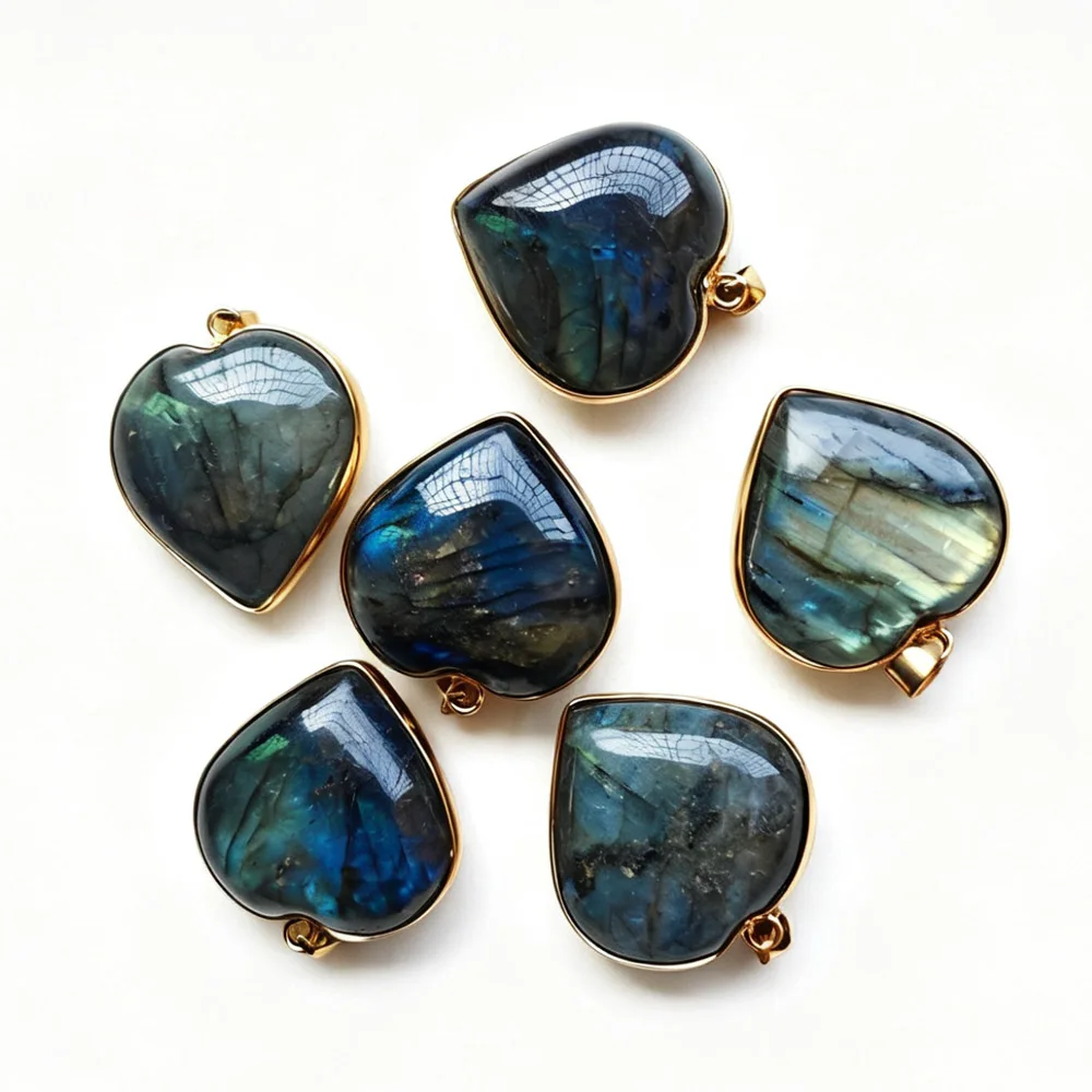 6pcs Natural Labradorite Stone Gold Color Side Flash Hearts Pendants Diy Jewelry Accessories Making Wholesale Free Shipping