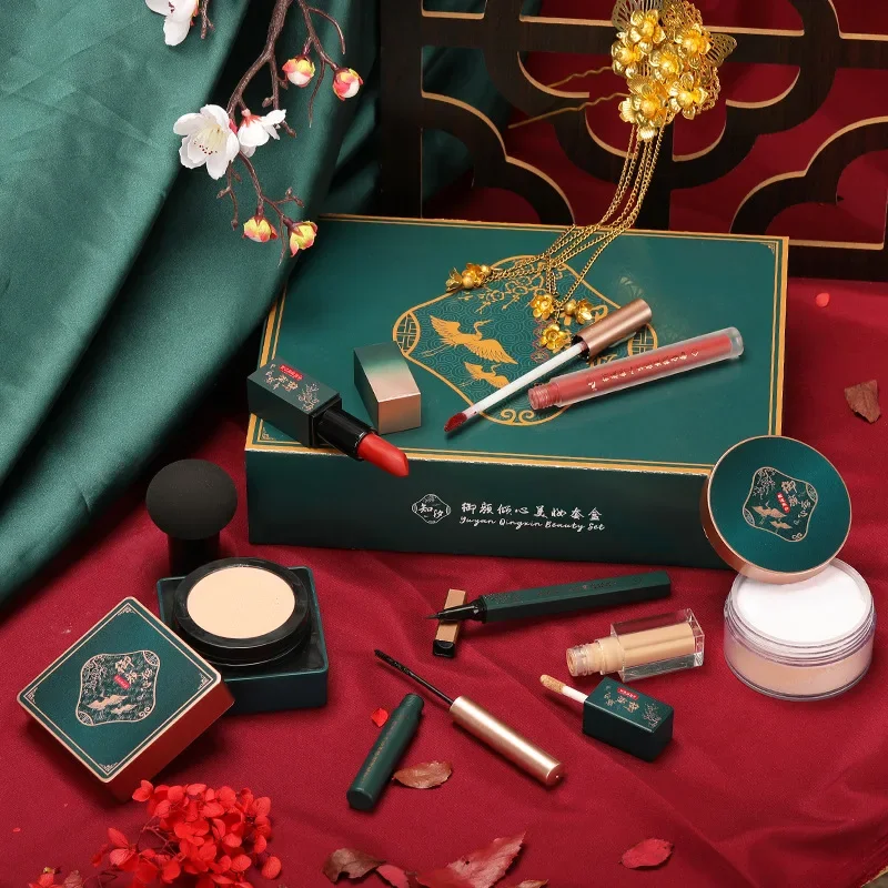 Christmas Makeup Sets Gift Box, Terno, Batom, Corretivo, Paleta de Sombra, Pó Definido, Kit Cosmético, 8Pcs