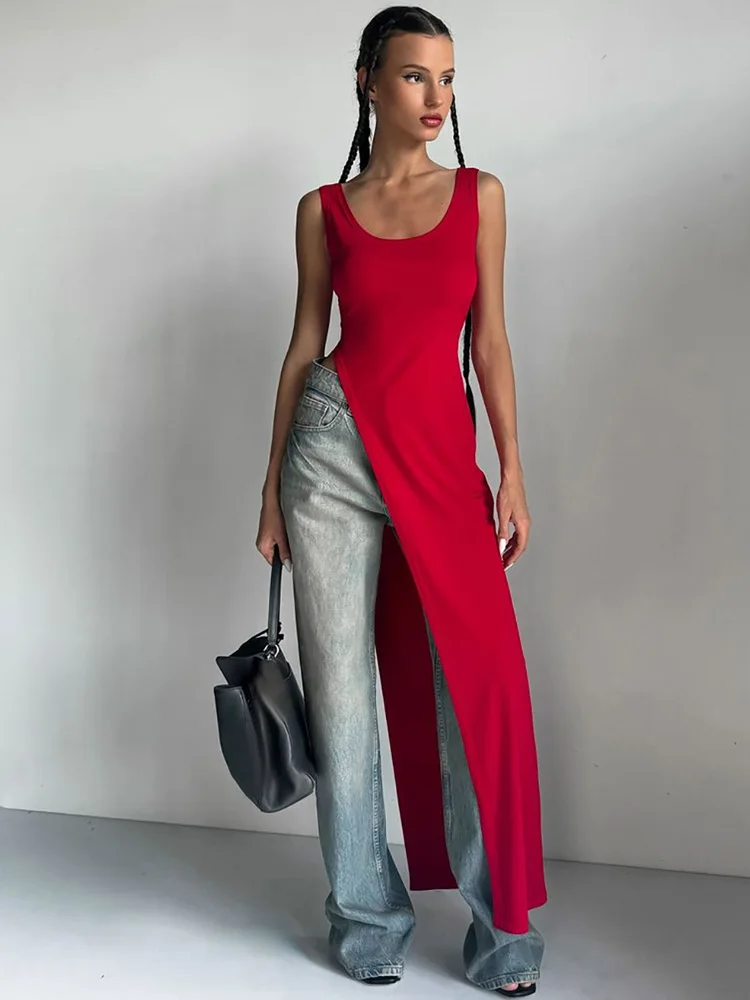 Abito longuette sexy senza maniche con spacco alto sul lato Abito longuette da donna senza schienale Summer Party Club Streetwear Stile Y2K Tinta unita