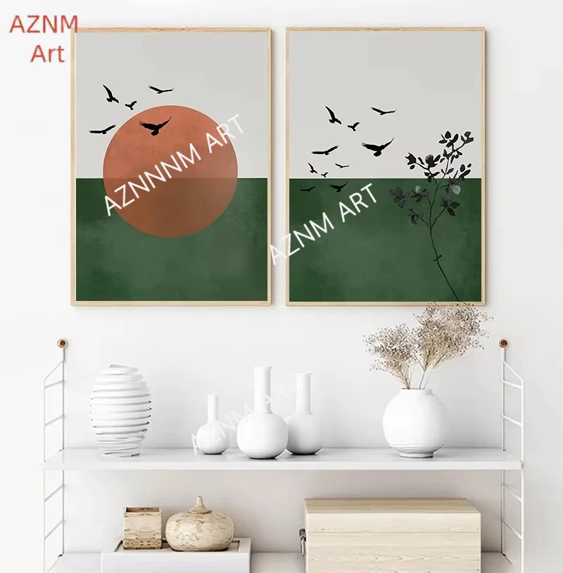 Orange Sun Tree Branch Leaf Bird Dark Green Poster Canvas Painting Print Wall Art Picture for Living Room Home Decor