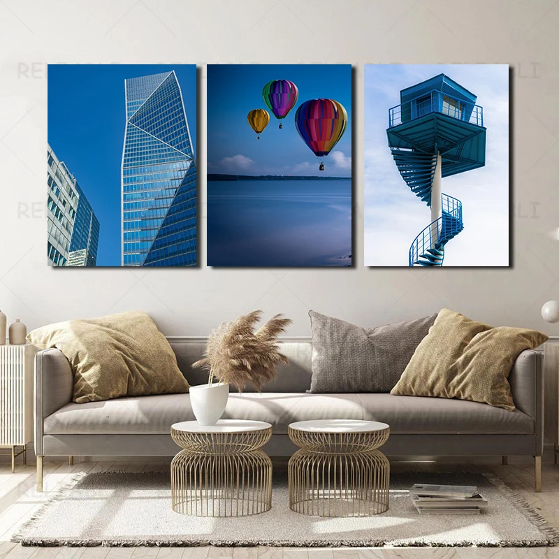 Modern stylish high-rise building landscape canvas painting, poster building and hot air balloon wall art painting, living room