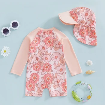 Girls' Floral Flamingo Long-Sleeve Swimsuit Set 5 Tregren Toddler Girl Long Sleeve Swimsuit Floral/Flamingo Print Half Zipper Rash Guard Swimwear with Sun Hat Infant Beachwear 5