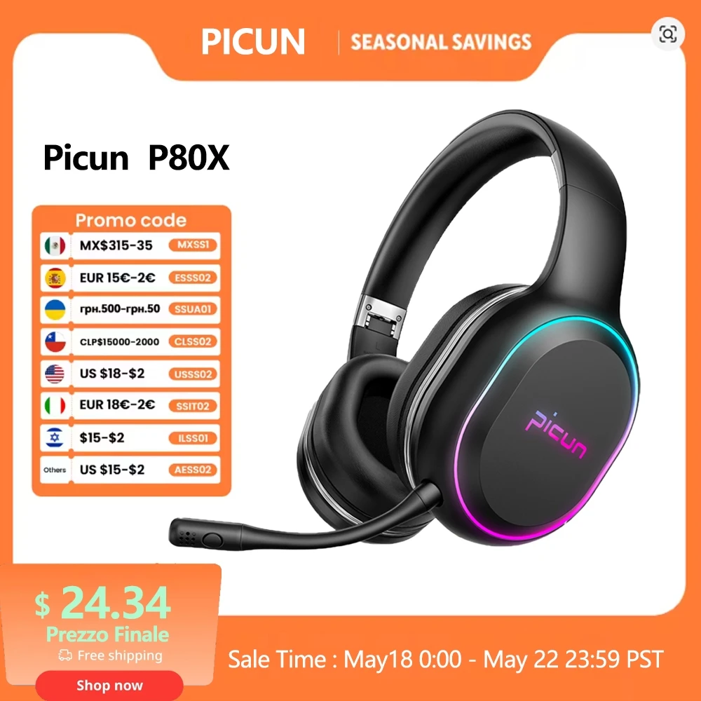 Picun P80X ゲーミングヘッドホン ワイヤレスヘッドセット マイク付き
