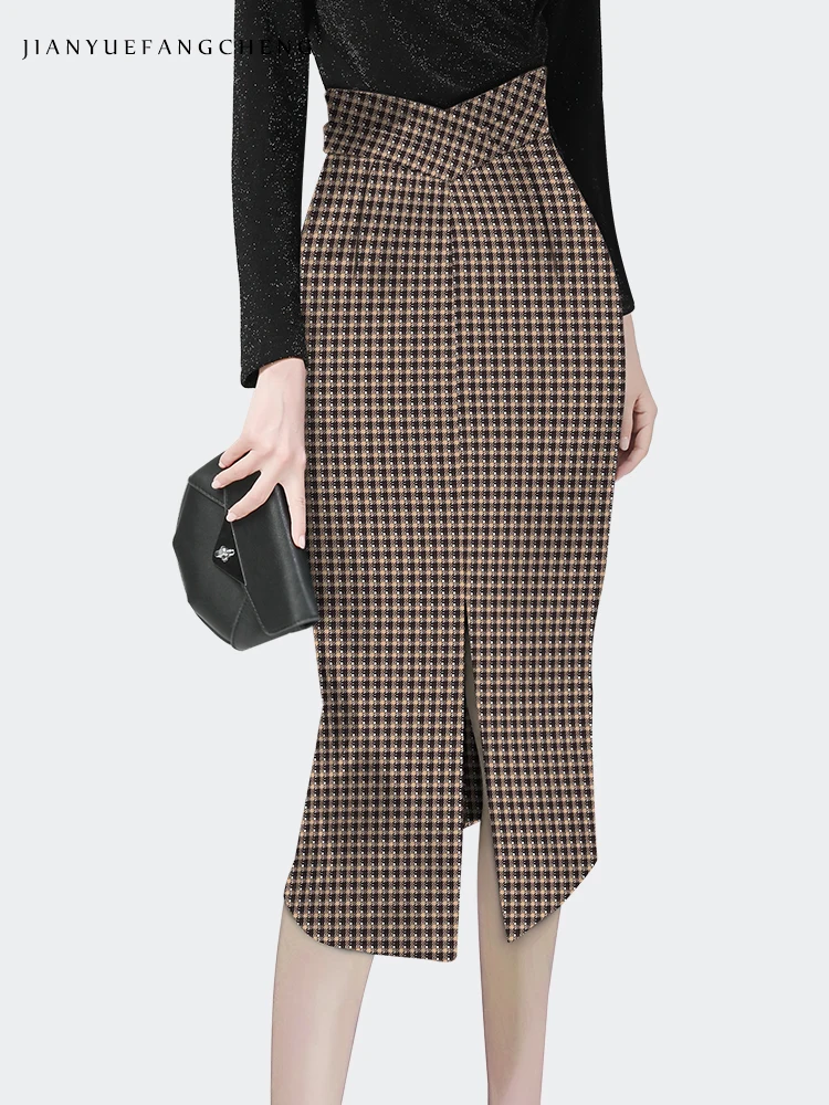 2024 Spring New Women' Plaid Woolen Pencil Skirt Mid-length High Waist Over-knee Wrapped Skirt Slim One Step Skirts