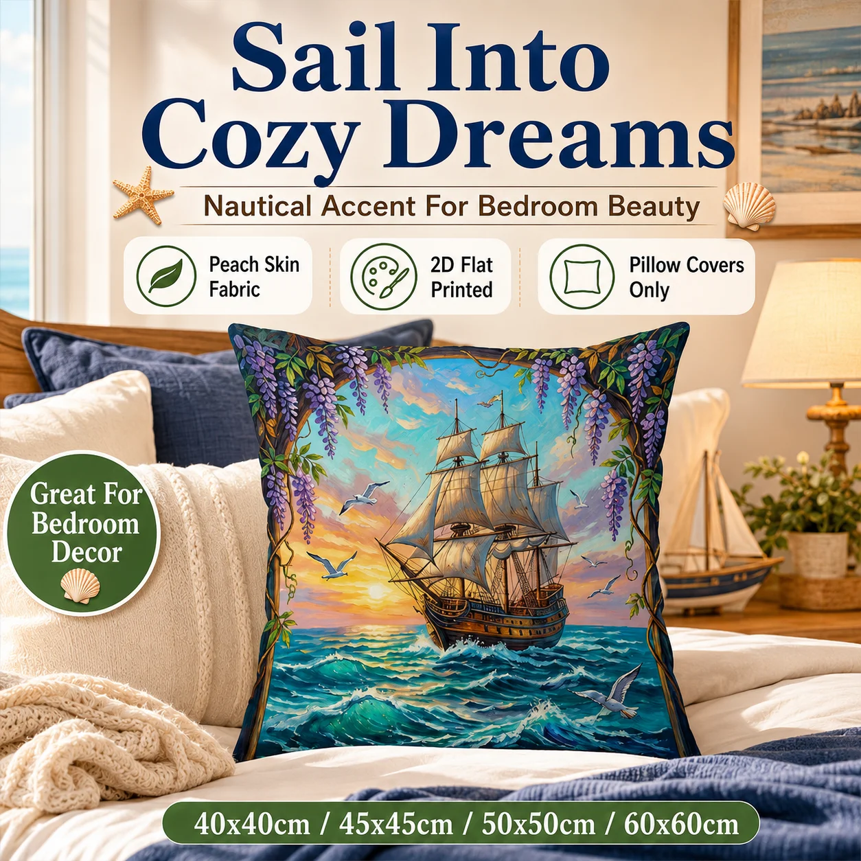 

Coastal Sunset Lighthouse Sailing Ship Cushion Cover 2D Flat Printed Peach Skin Pillowcase Nautical Scenery for Living Room Art