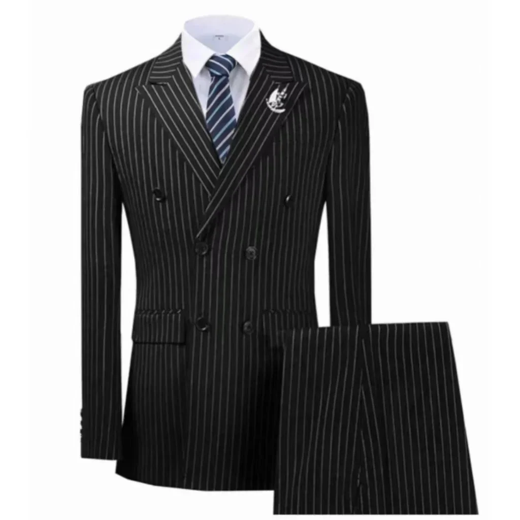 High Quality Men\'s Slim Striped Suit 2 Piece Blazer  Pants Sets Double Breasted Slim Fit Casual  Formal Suit Business