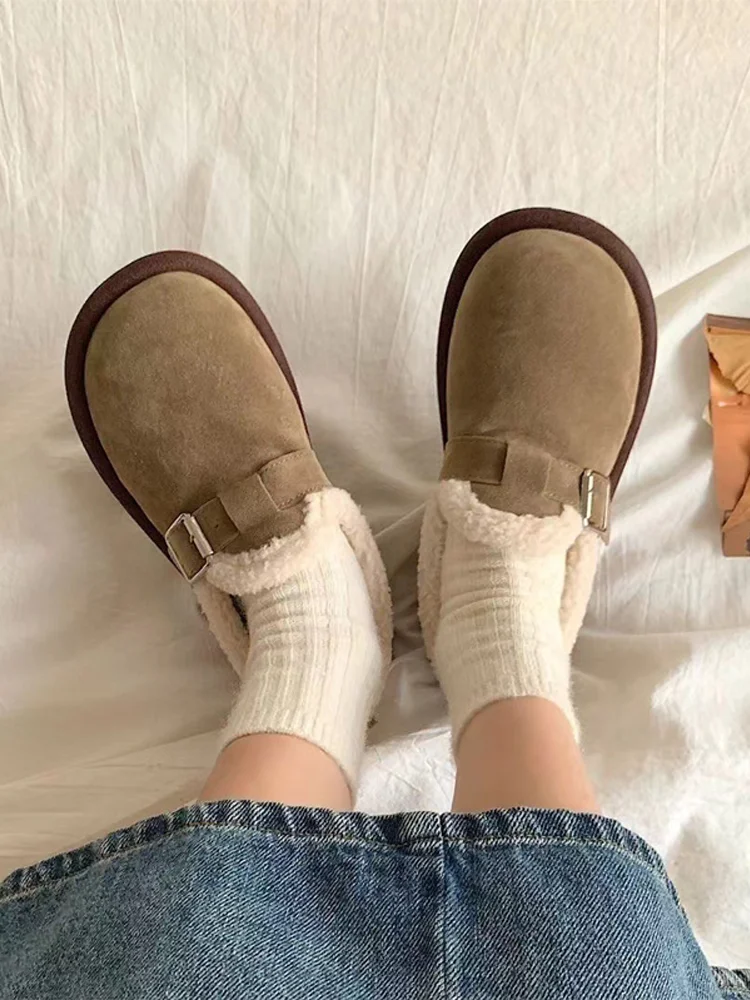 2025 Women's Casual Slip-On oes Fall Winter Vintage Artistic Fce Lined Anti-Slip Bean Bean oes Comfortable Warmth Rubber Sole