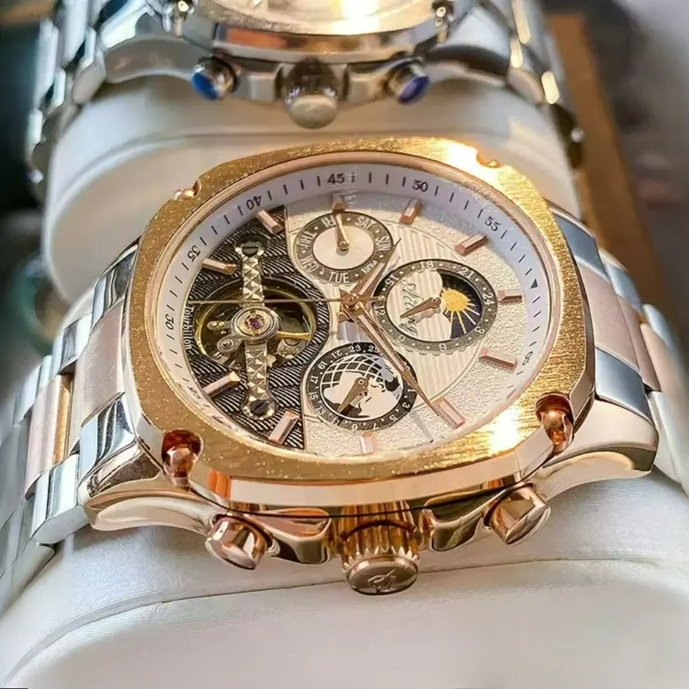 Chronograph Moon Phase 3Bar Water Resistant AL8308 Business Watch Genuine Leather Band Automatic Mechanical Classic Wristwatch