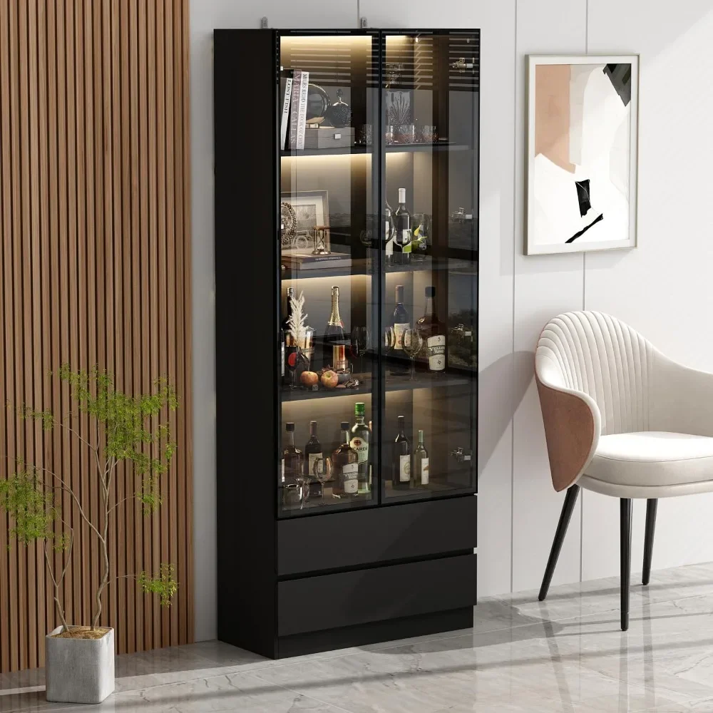

Bookcase Bookshelf with 4-Tier Shelves, Glass Doors, Drawers and LED Lights, Wooden Display Storage Cabinet for Home