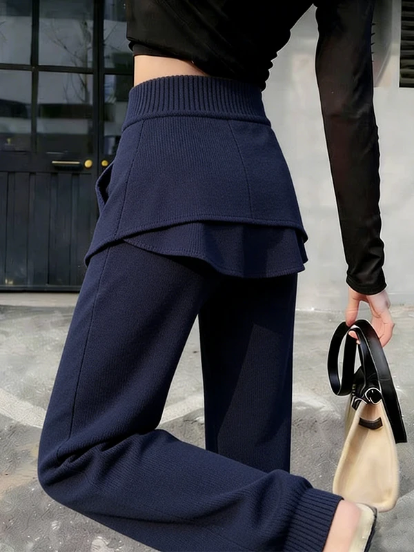 

High Waist Wide Leg Pants Women's Deep Blue Patchwork Design Loose Slimming Trousers Casual Sle Winter New Arrival
