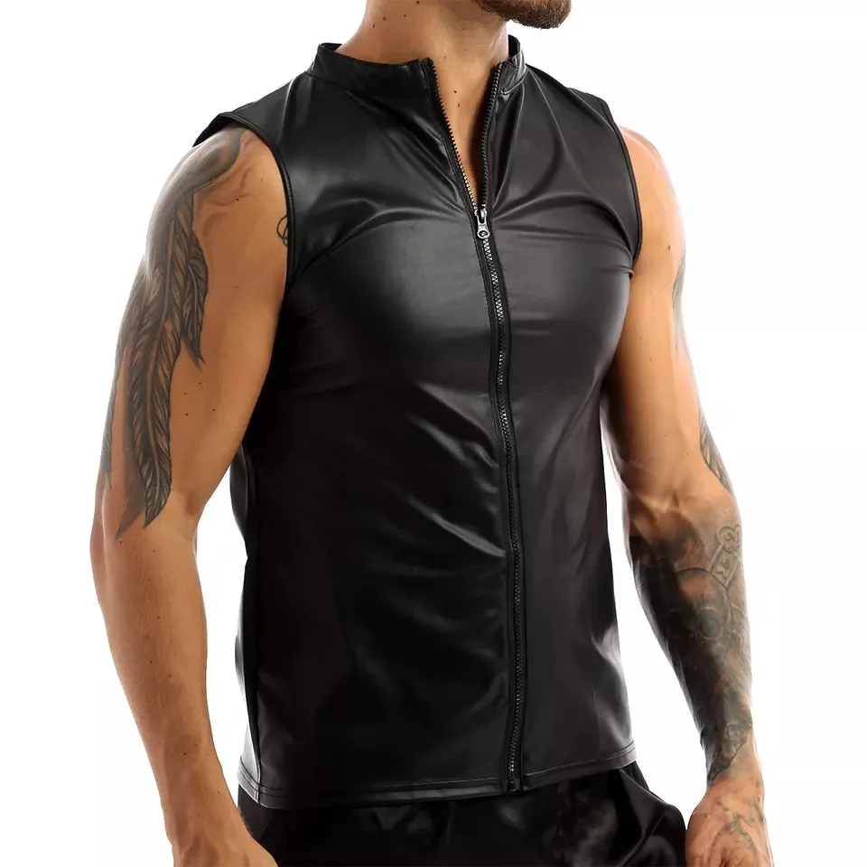 NONE Men PU Leather Biker Vest Black 3