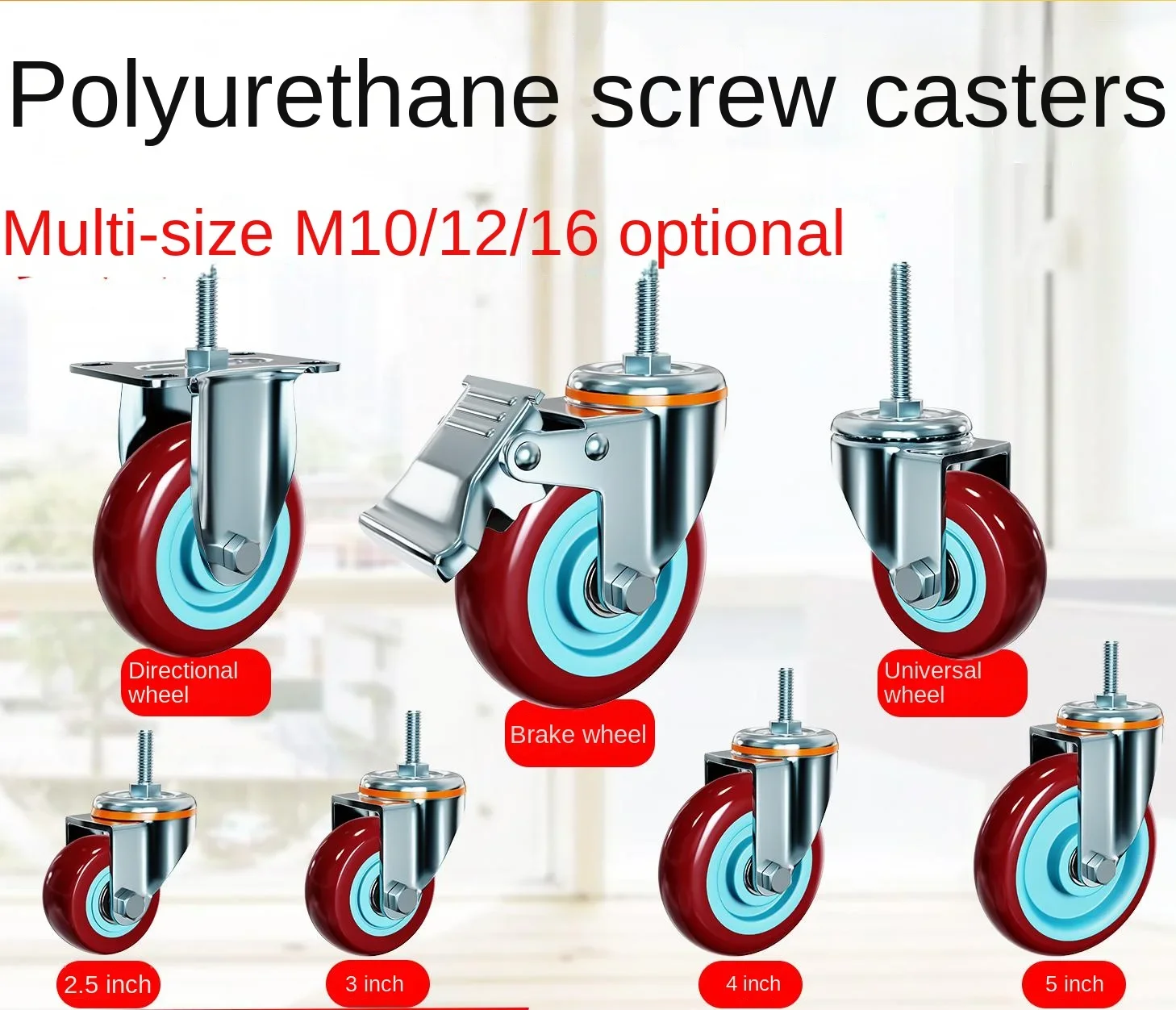 4PCS 2.5 inch (63mm) Polyurethane Swivel Casters with Dual Bearings, M12×30mm Threaded Stem, Heavy-Duty & Locking Wheels