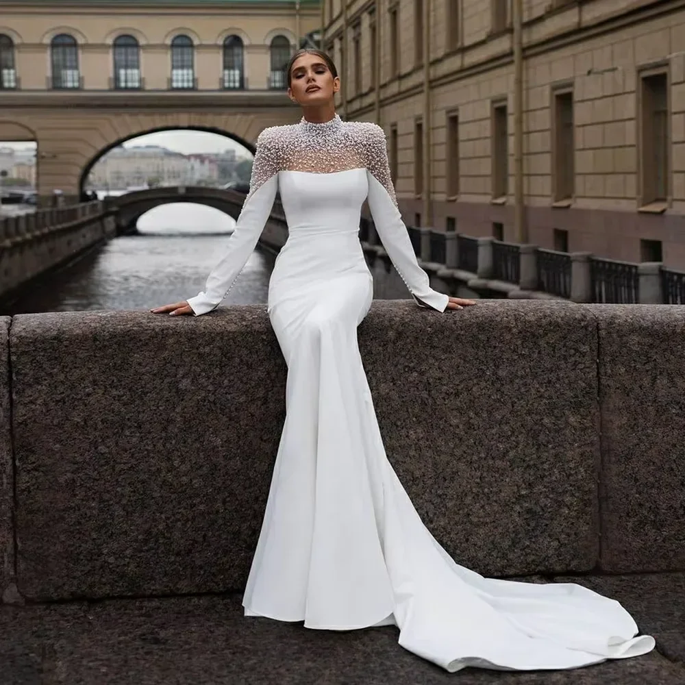 Customzied Mermaid Wedding Dresses Long Sleeve Church Sweeping Train Pearl Turtle Neck Women's Bridal Gowns for Formal Occas