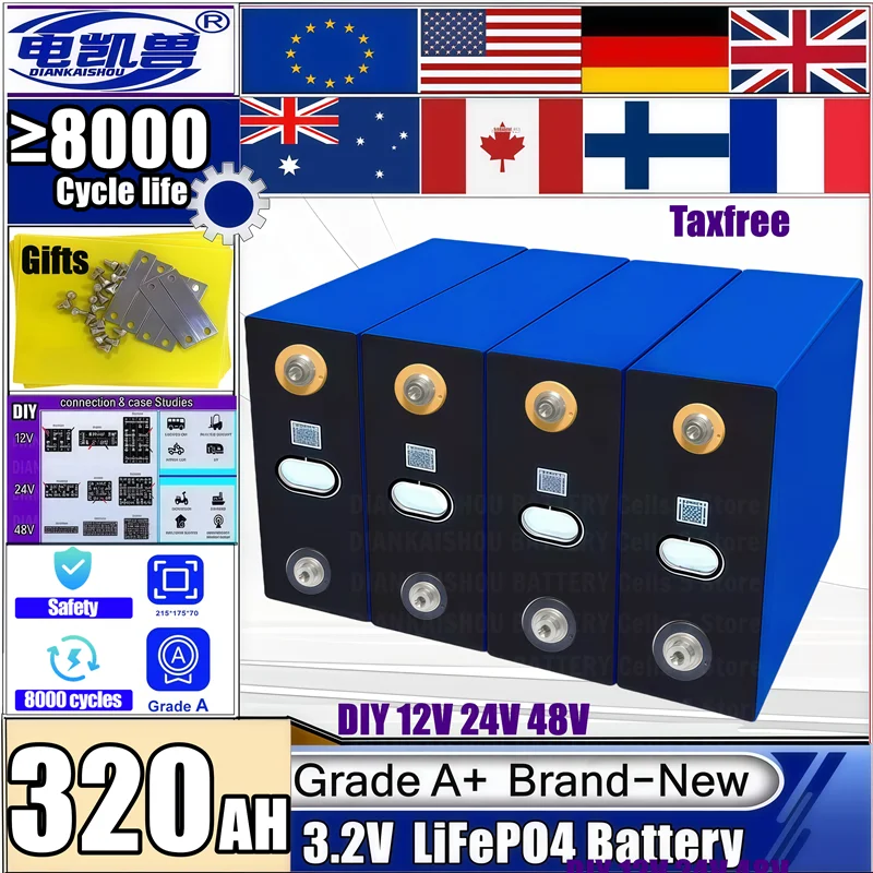 

LiFePO4 Grade A 320Ah Battery 8000 cycle 3.2V Lithium iron phosphate Rechargeable Cell For DIY 12V 24V 48V RV Solar Camping