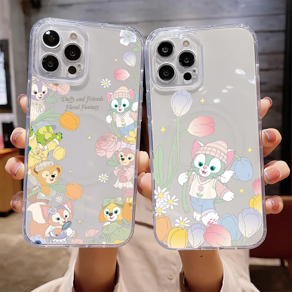 MINISO Disney Duffy And Friends Bear For IPhone 16 15 14 13 12 11 Pro Max Plus Transparent Magnetic Suction Phone Case