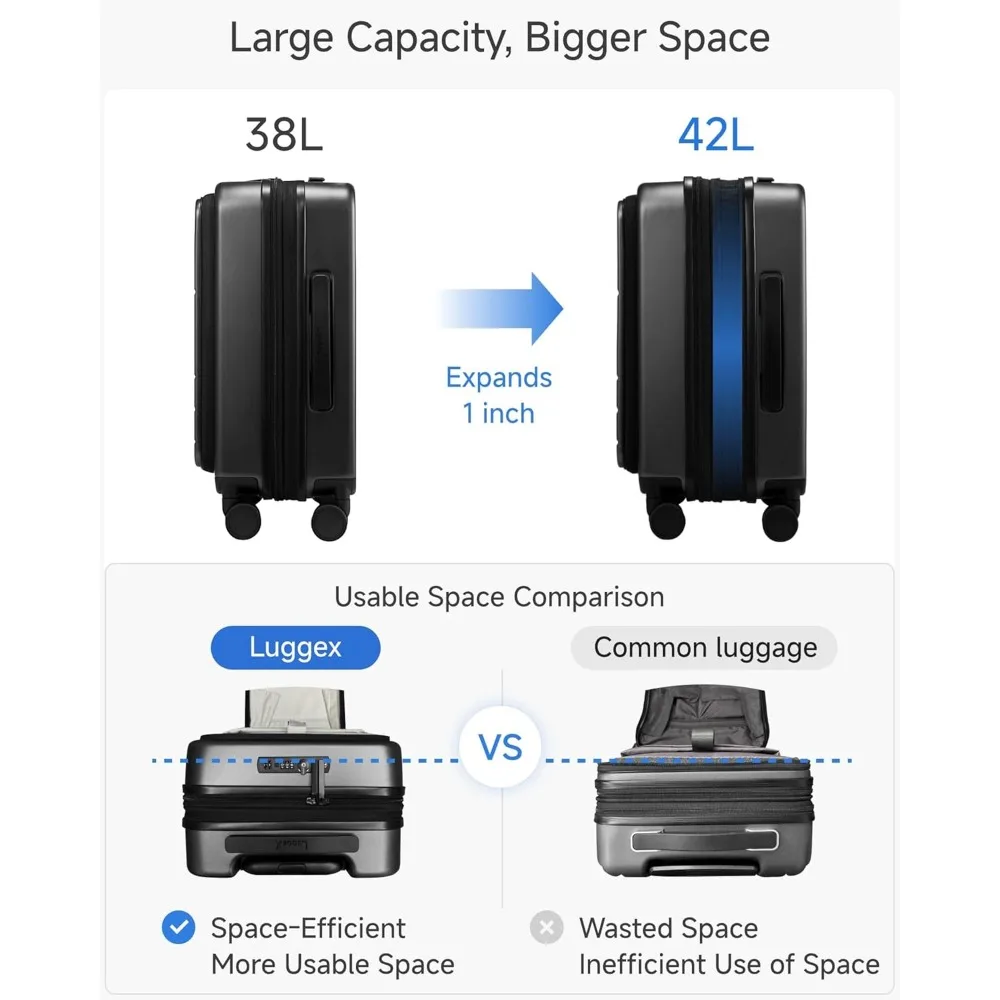 Expandable Polycarbonate Hard Shell Luggage Set, 2 Piece with Front Pocket, Black, 20 and 28 Inch Travel Suitcases