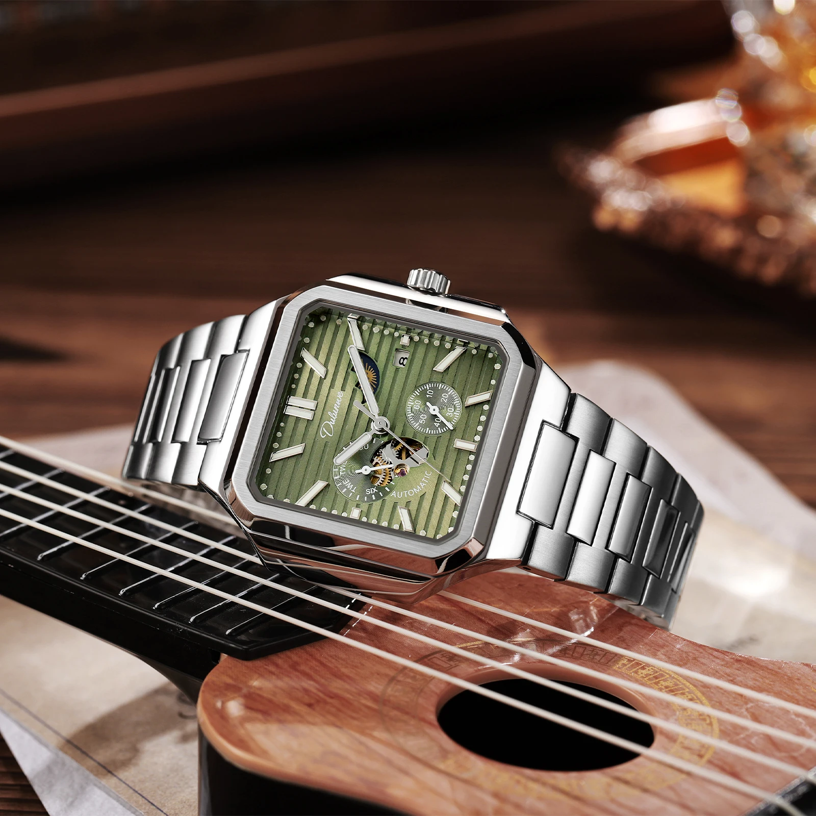 

Мужские часы Dulunwe с автоматическим заводом, механические многофункциональные, 24 часа и секунд работы, маленький циферблат, квадратные водонепроницаемые часы