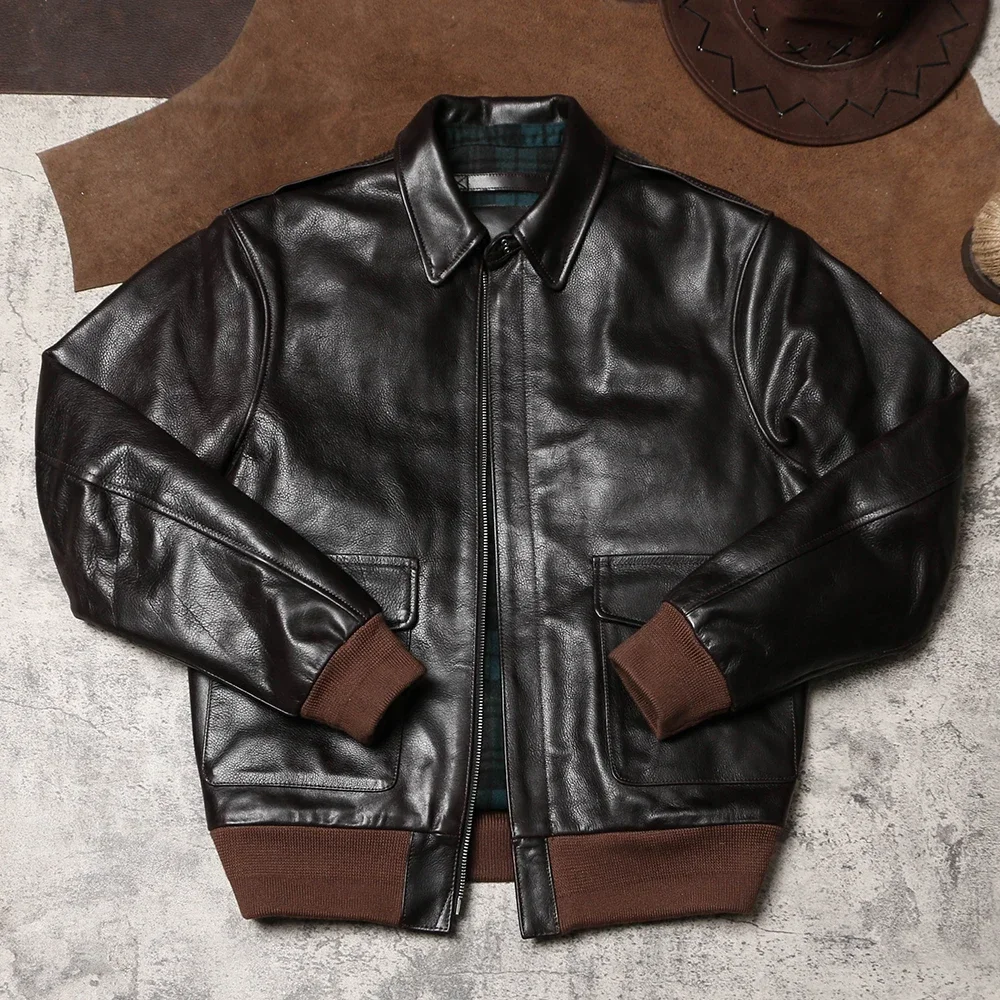 Blunt Razor Escape American A2 Genuine Leather Jacket Lapel Collar Short Hard Vegetable Tanned Cowhide Bomber Leather Jacket