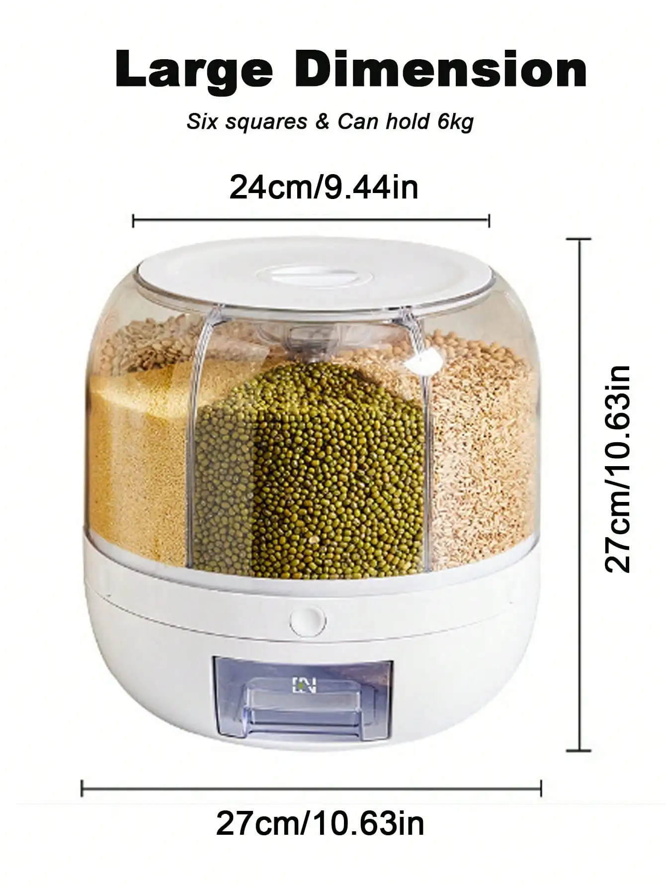 صندوق تخزين الأرز الدوار المكون من 6 أقسام - حاوية بلاستيكية محكمة الغلق للرطوبة/المقاومة للحشرات