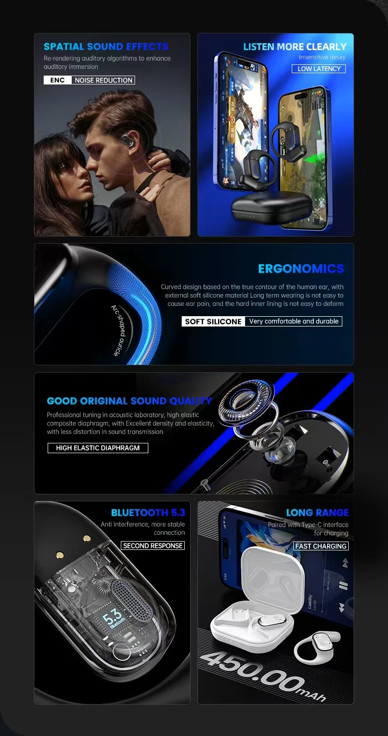Open-Ear Headphones with Stable Comfort & Hi-Res Sound Pure Bass Boost Bluetooth 5.3 Earbuds OWS Wireless Headphones for Sports