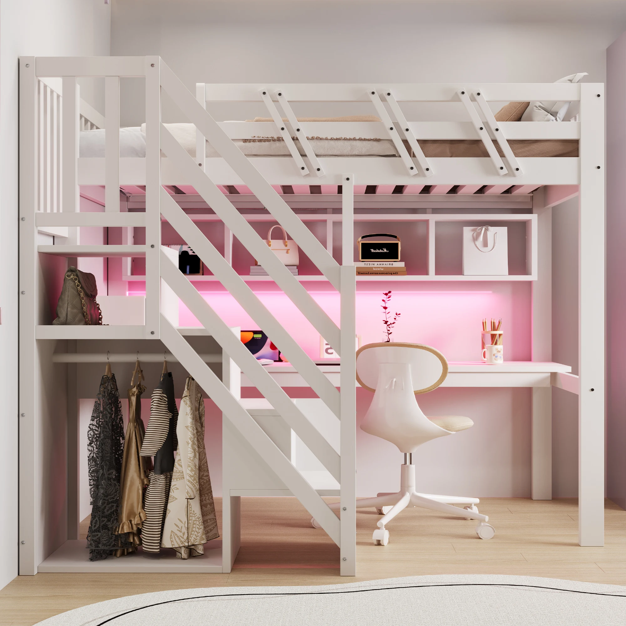 Lit mezzanine Queen en bois massif 90/140*200 avec étagères de rangement, armoire, bureau, prise USB et lumière LED, lit pour enfants