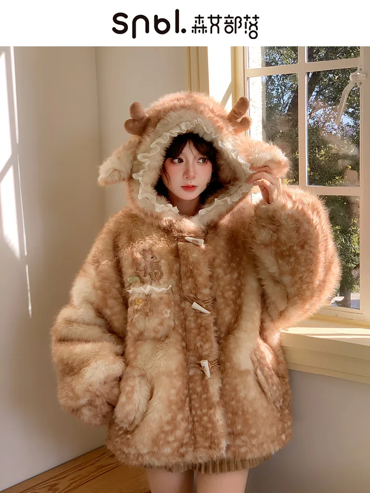 Abrigo con Capucha de Piel Sintética con Diseño de Astas de Ciervo Kawaii, Chaqueta de Invierno con Botones y Volantes de Encaje Estilo Lolita