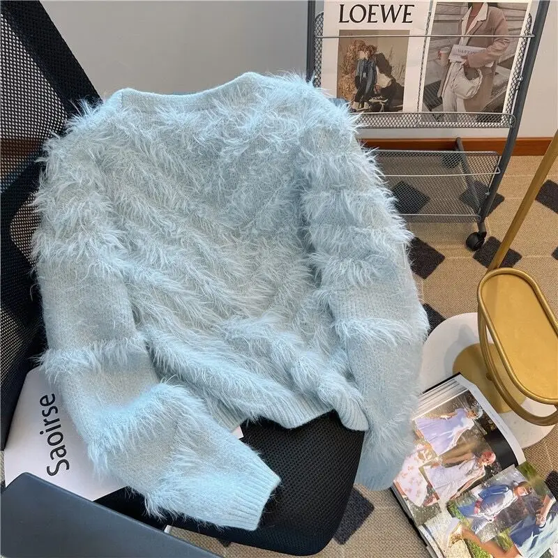 Autunno manica lunga Cardigan bianco lavorato a maglia caldo scollo a V maglione inverno Vintage soffice visone Cashmere Cardigan donna cappotto