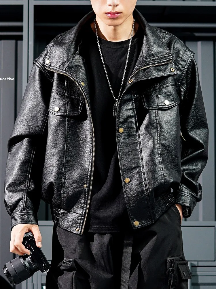 

High-End Autumn Winter New Sle Lychee Pattern Men's ort Biker Jaet Street Faion High Street Loose Fit Cool Haome L...