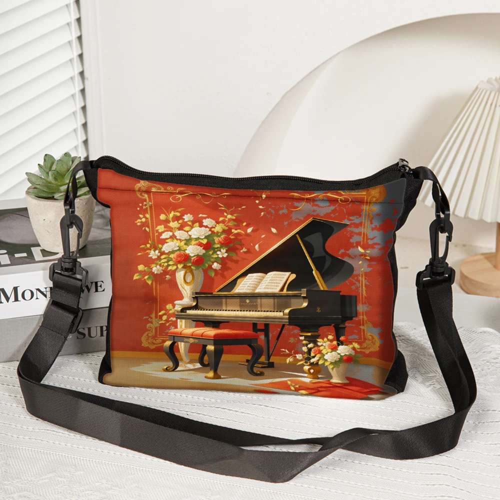 Elegant Piano Art Crossbody Bag Red Vintage Music Theme With Flowers And Grand Piano Shoulder Bags For Women Office Work Travel