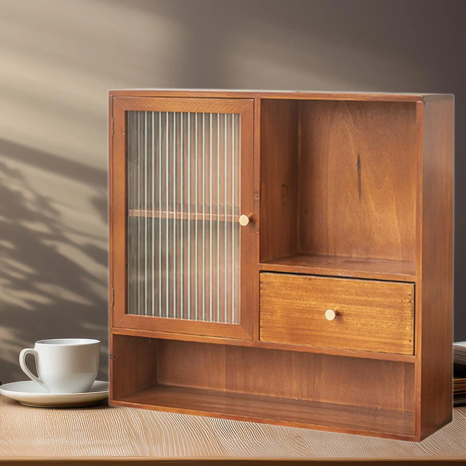 Wooden Makeup Organizer Retro Design Display Cabinet Decorative Desktop Storage Box for Home Office Countertop Dresser Bathroom