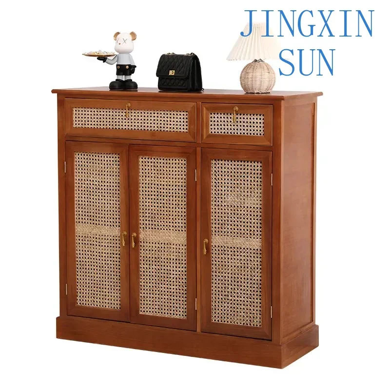 Vine woven shoe cabinet for household use with door storage, small size, hallway, and large capacity
