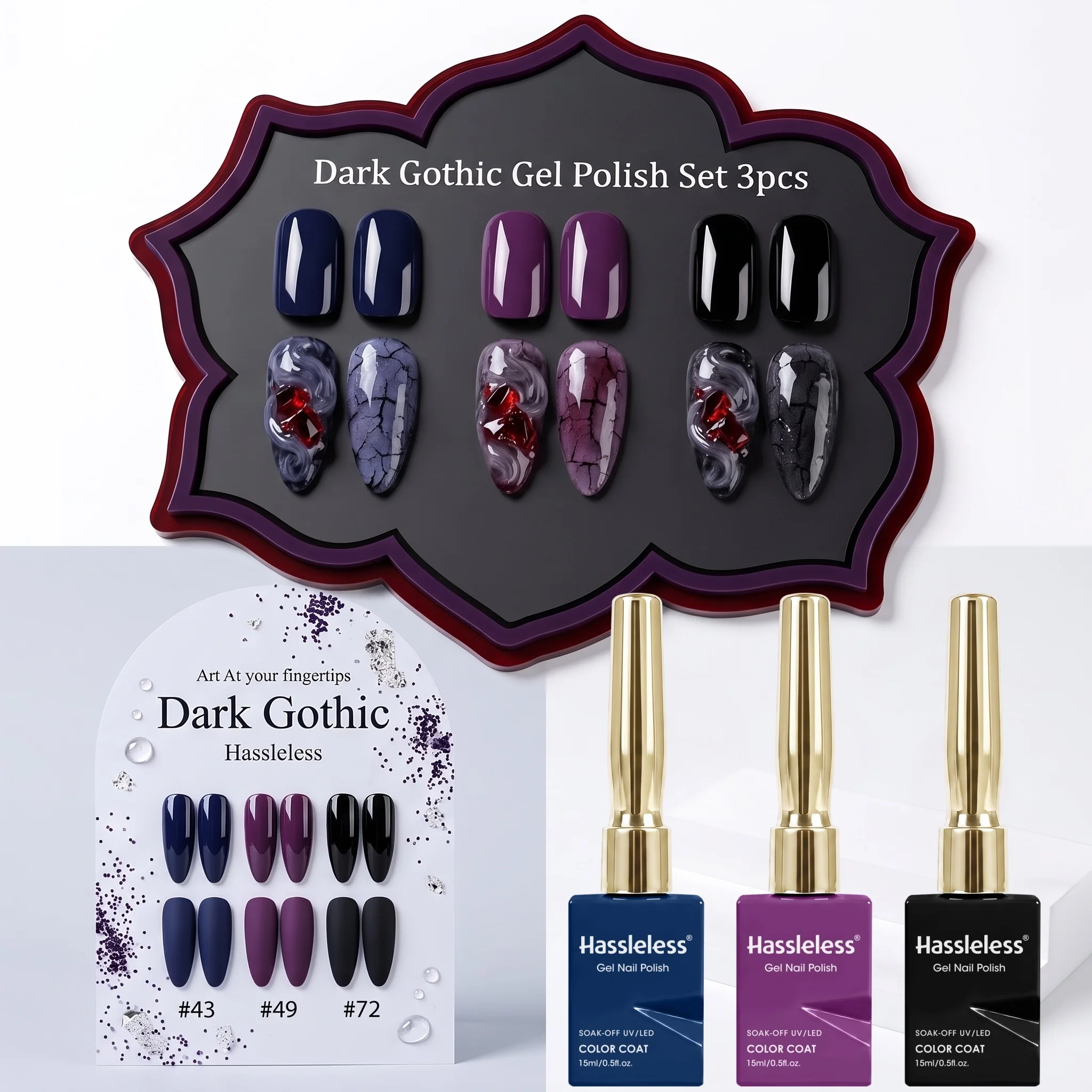 Hassleless 3Pcs Dark Color Matching Hypoallergenic Gentle Formula, Nail Gel Set, Nail Art Shaping Salon Women's Long-Lasting Type.