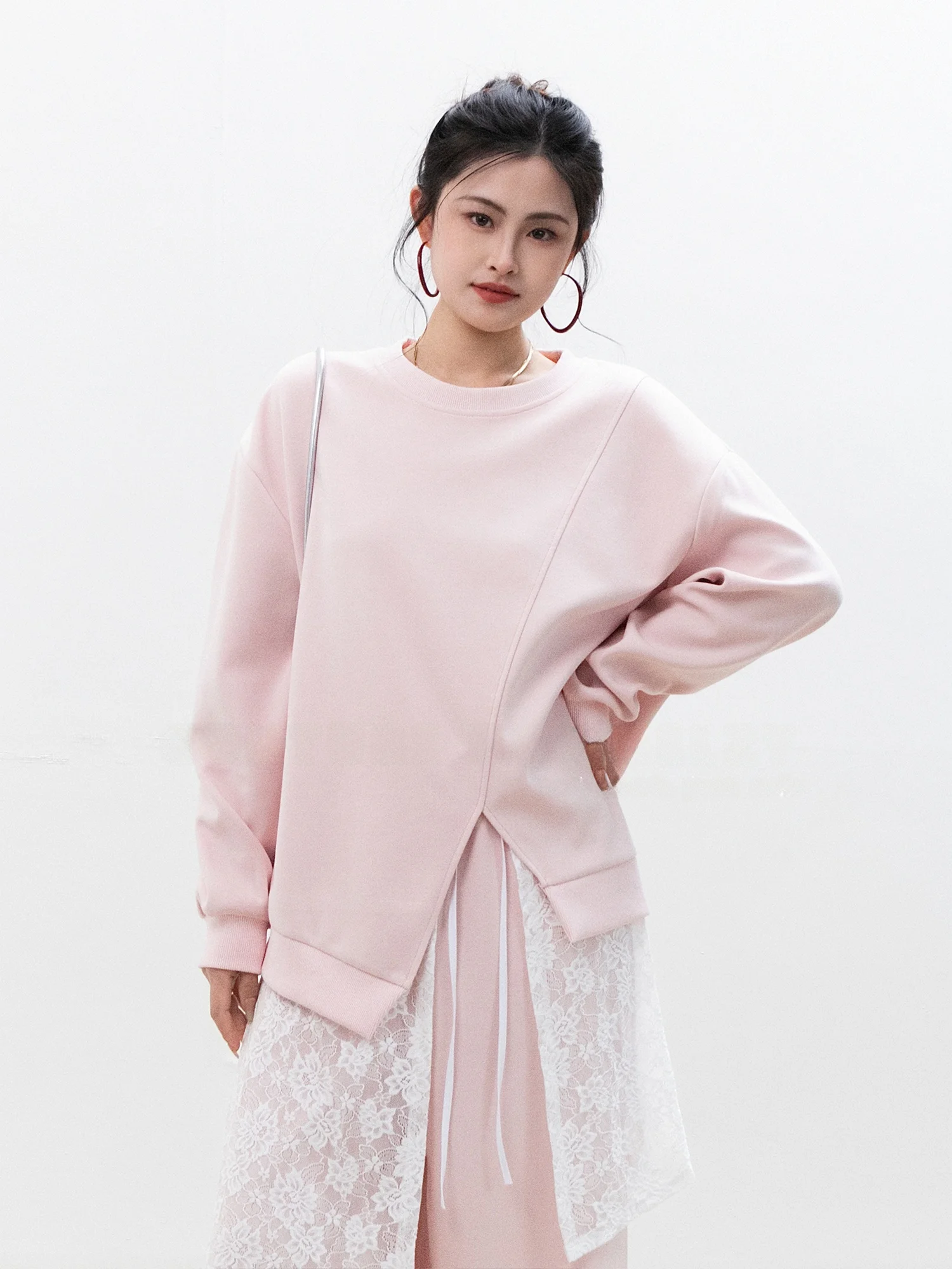 

Pink Lace Casual Sweatshirt Set Women's Loose High Waist Spring Autumn Design Sense Split Hemline Comfortable Fashion Set