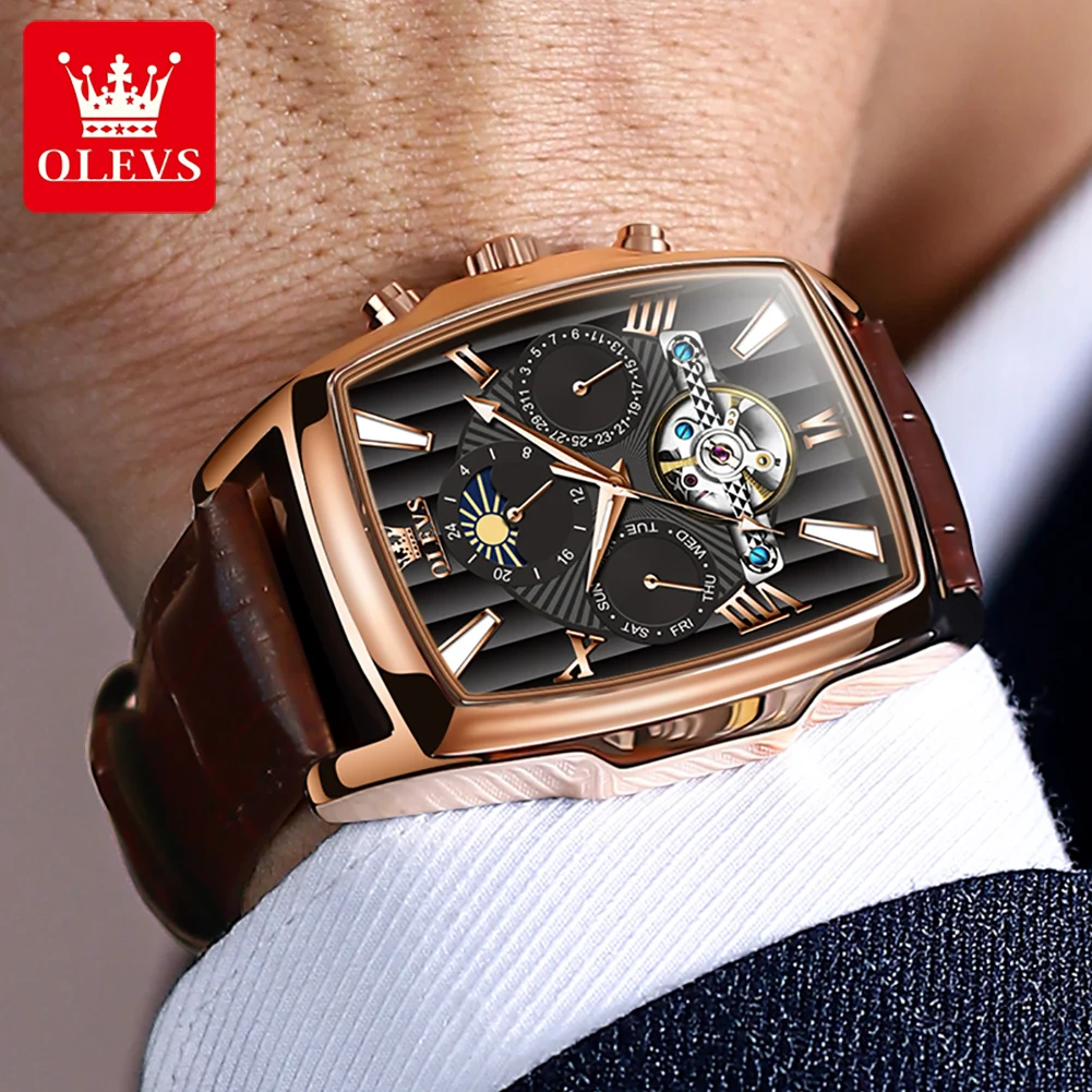 OLEVS New Automatic Mechanical Watch for Men Waterproof Luminous Skeleton Square Dial Moonswatch Chronograph Sports Men\'s Watch