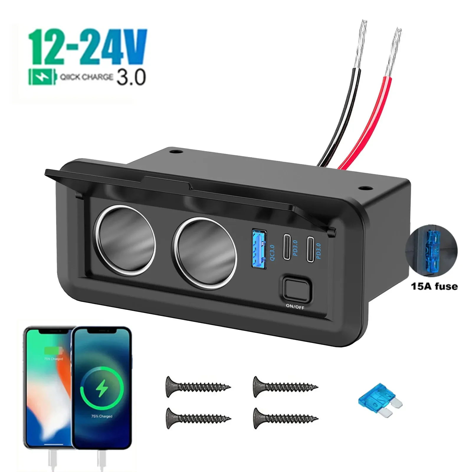 

12 В-24 В 3-портовый разветвитель автомобильного прикуривателя Быстрое зарядное устройство QC3.0 и двойной адаптер автомобильного зарядного устройства PD3.0 с переключателем для грузовика RV ATV