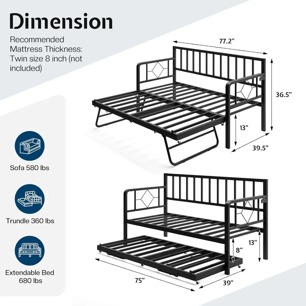 سرير نهاري مزدوج مع قاعدة شحن وأضواء LED، سرير نهاري معدني مزدوج مع دولاب، إطار سرير أريكة متعدد الاستخدامات مع فولاذ