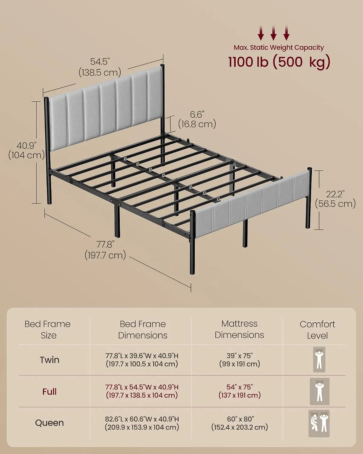 Full Bed Frame with Headboard, Metal Bed Frame Full Size with Footboard, 1100 lb Weight Capacity, Steel Slats, Dove