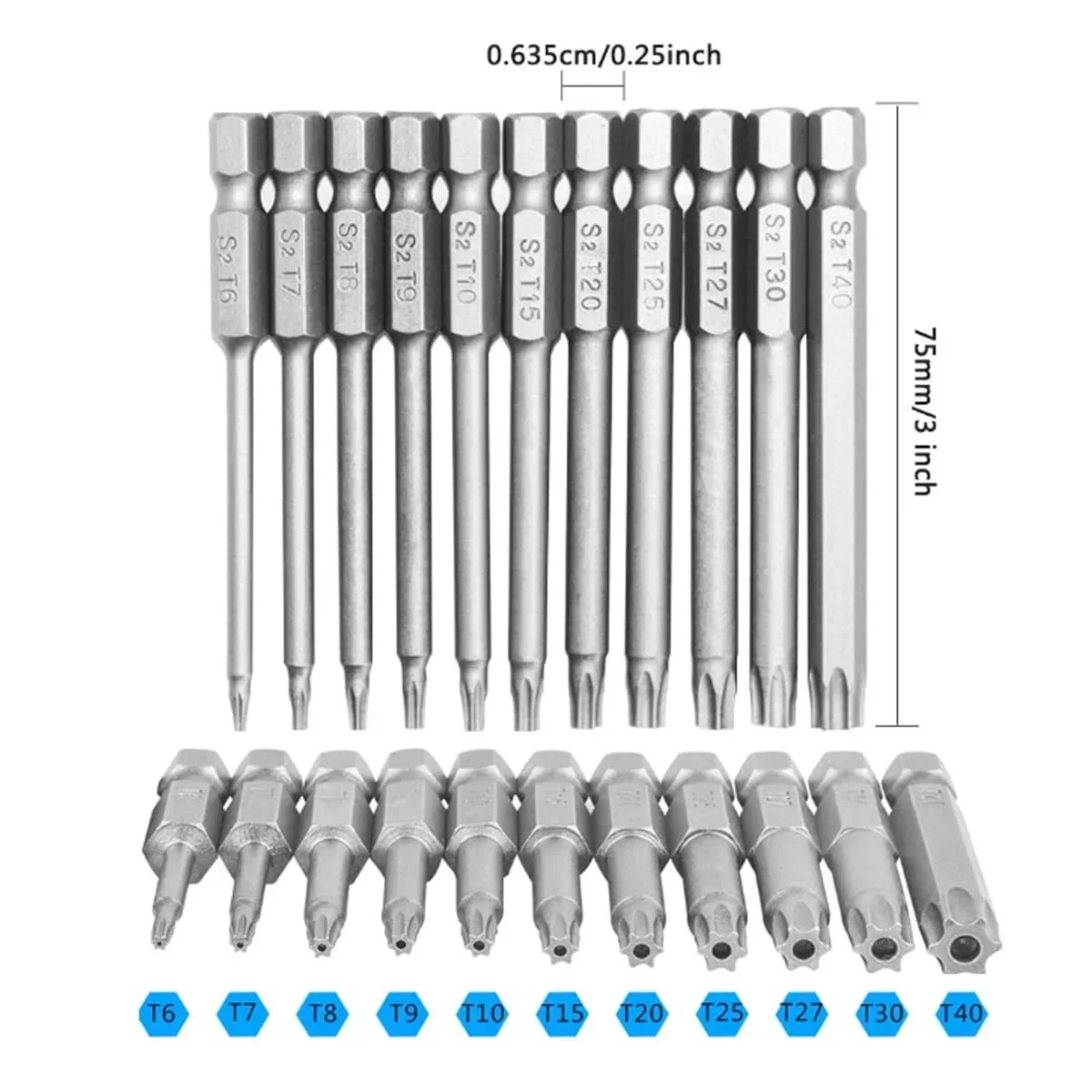 Imagem -05 - Magnetic Torx Chave de Fenda Bits Grupo Chave de Fenda Elétrica Cabeça T6t7t8t9t10t15t20t25t27t30t40 100 mm 11 Pcs