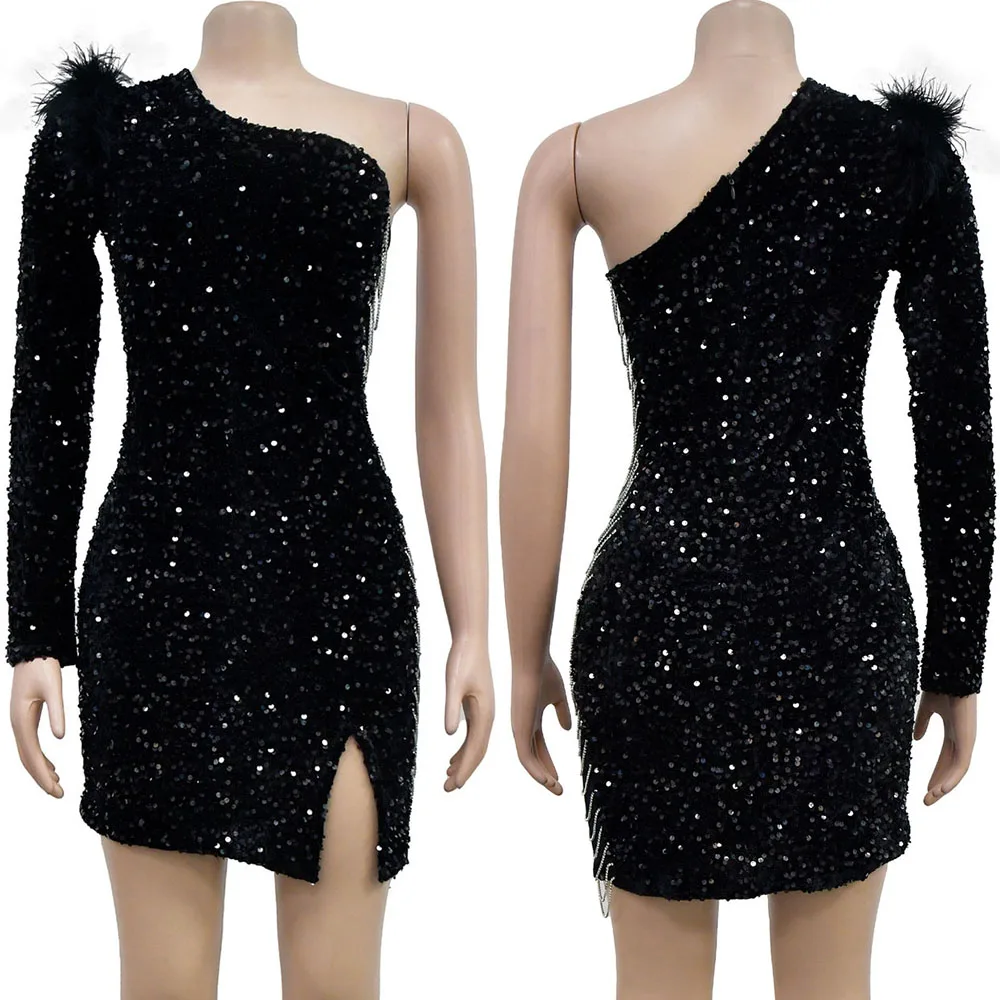 Sexy One Shoulder Feather Sequin Short Prom Slit Dress Party Evening Gowns Elegant Luxury Celebrity Night Club Bodycon Dresses