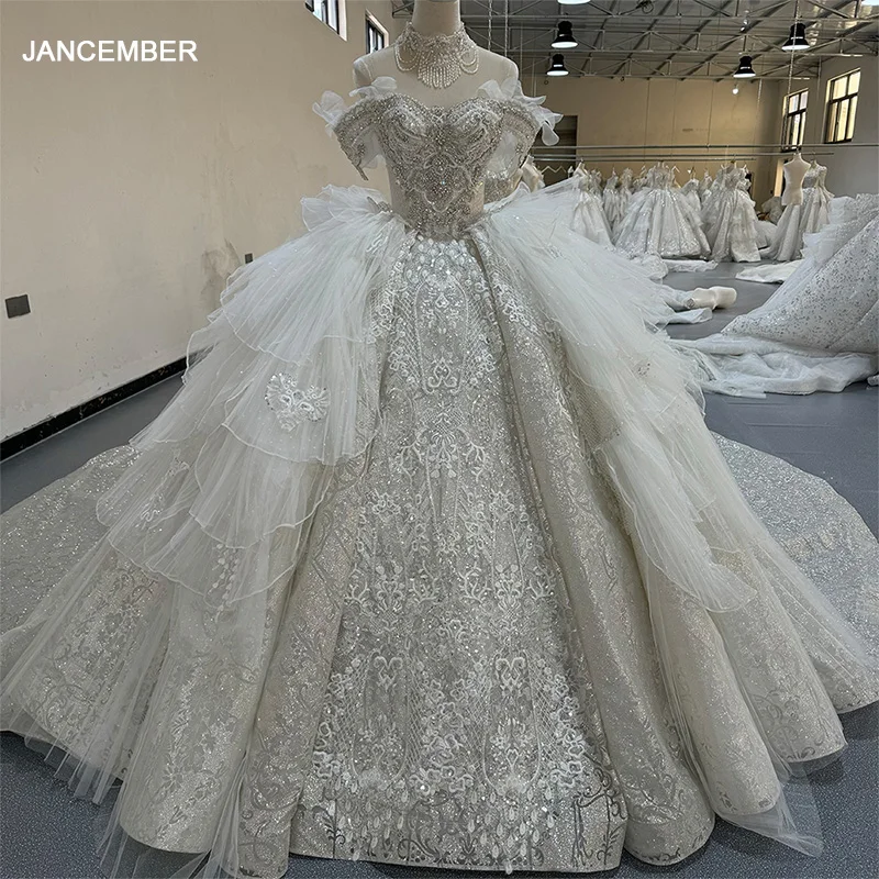 

Jancember Luxury Sequin Crystal Short Sleeve Wedding Dress Ball Gown Sparkly Beading Bridal Gowns Court Train Vestidos Novia