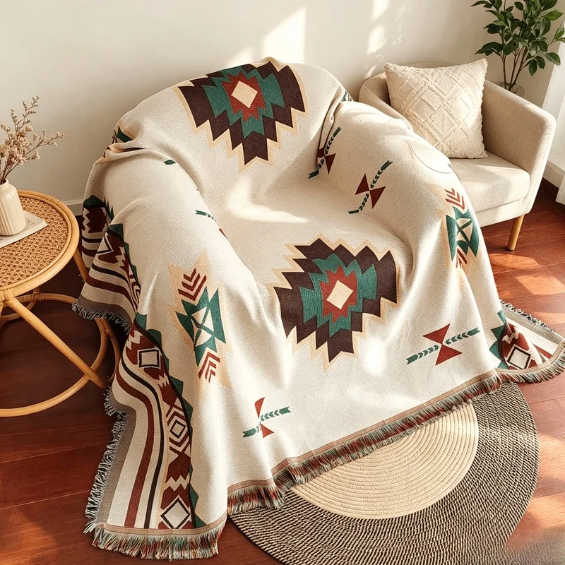 Oversized Aztec Fringe Throw Blanket, Double Sided Vintage Southwestern Geometric Woven Boho Tapestry for Home Decor