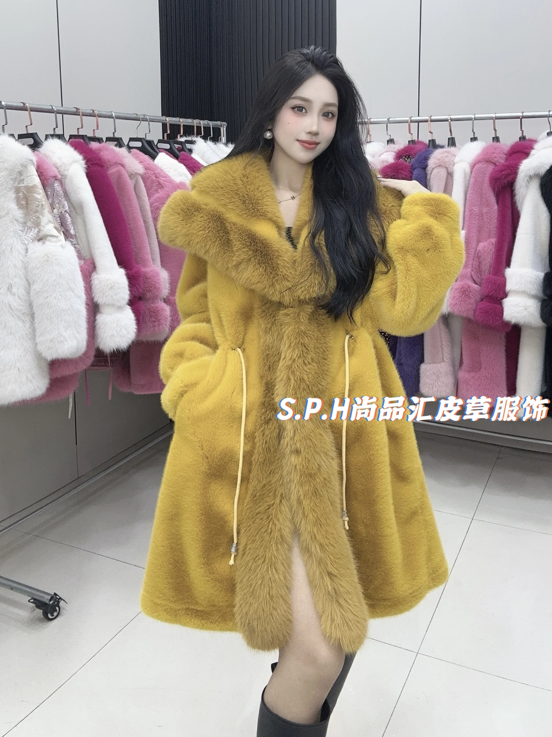 Mid-length Temperament Elegant Faux Fur Coats Women Winter Fashion Big Fur Collar High-end Imitation Fox Fur Collar Jacket