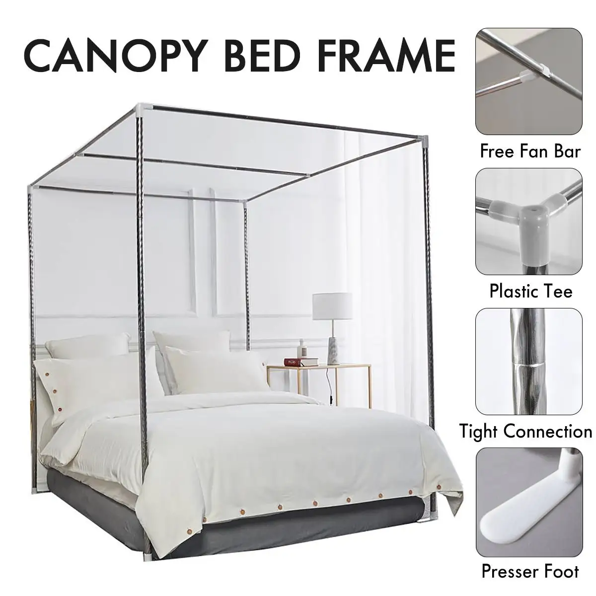 Stainless Steel Mosquito Net Frame Bed Canopy Bracket for Four Corner Bed Easy Install Bed Netting Support without Mosquito Net