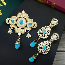 Sunspicems Elegent Morocco Bride Jewelry Sets For Women Caftan Brooch Pins Long Drop Earring Crystal Arabic Scarf Brooch Set