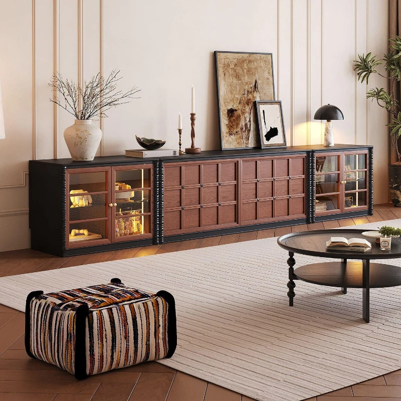 TV cabinet, retro solid wood living room floor display module combination solid wood cabinet